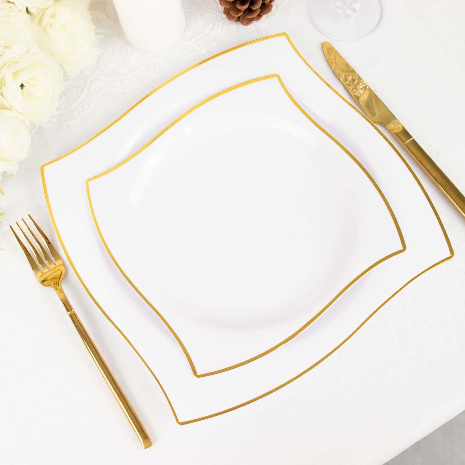 10-Pack Plastic 8" Square Dessert Plates in White with Gold Wavy Rim Modern - Disposable Salad Appetizer Party Plates for Luxe Events & Banquets