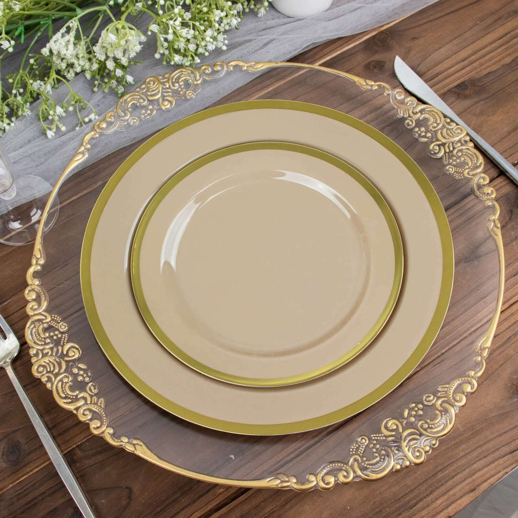 10-Pack Plastic 7" Round Appetizer Plates in Taupe with Gold Rim - Sleek Disposable Salad Plates for Banquets & Special Occasions