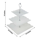 3-Tier Plastic Square Cupcake Stand Tower White - Charming Easy to Assemble Dessert Display Serving Tray Platter with Floral Embossed Scalloped Rim & Silver Handle for Tea Parties Weddings & Special Occasions 13"