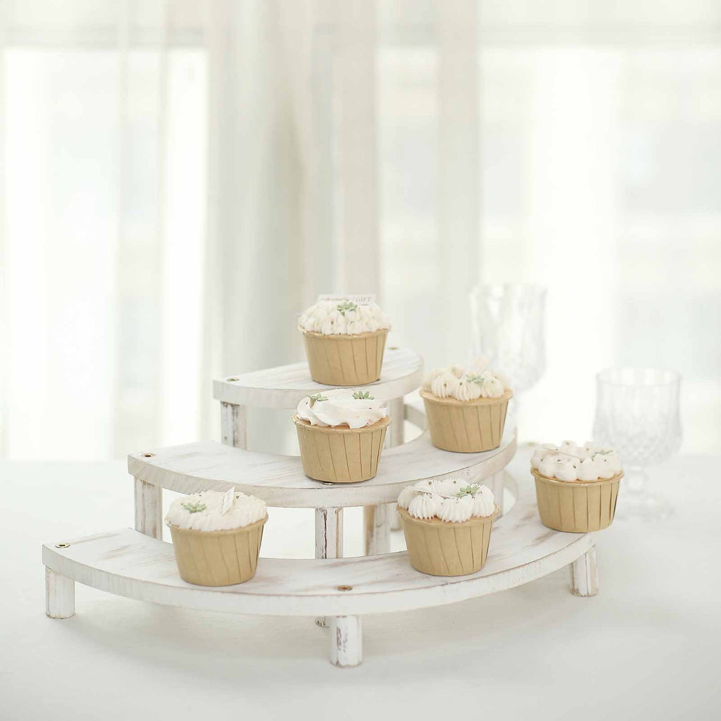 Set of 3 Wooden Dessert Pedestals Rustic Whitewashed 3-Tier Semicircle Design - Half Moon Cupcake Display Risers 7", 13", 18"