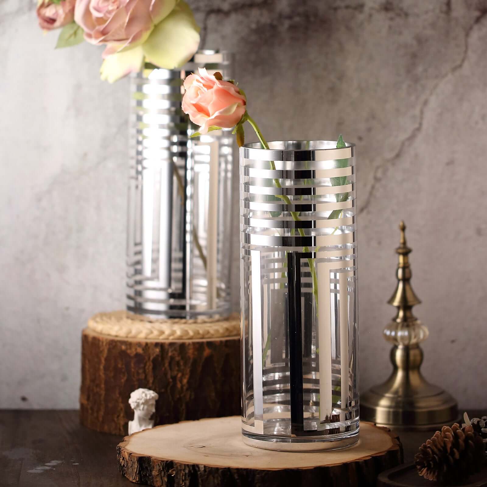 2-Pack Glass Cylinder Vases Silver Striped - Sophisticated Flower Centerpieces for Events 11"