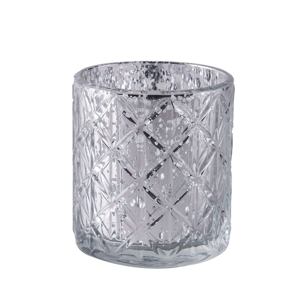 6-Pack Mercury Glass Candle Holders Shiny Silver with Geometric Design - Votive Tealight Holders 3"