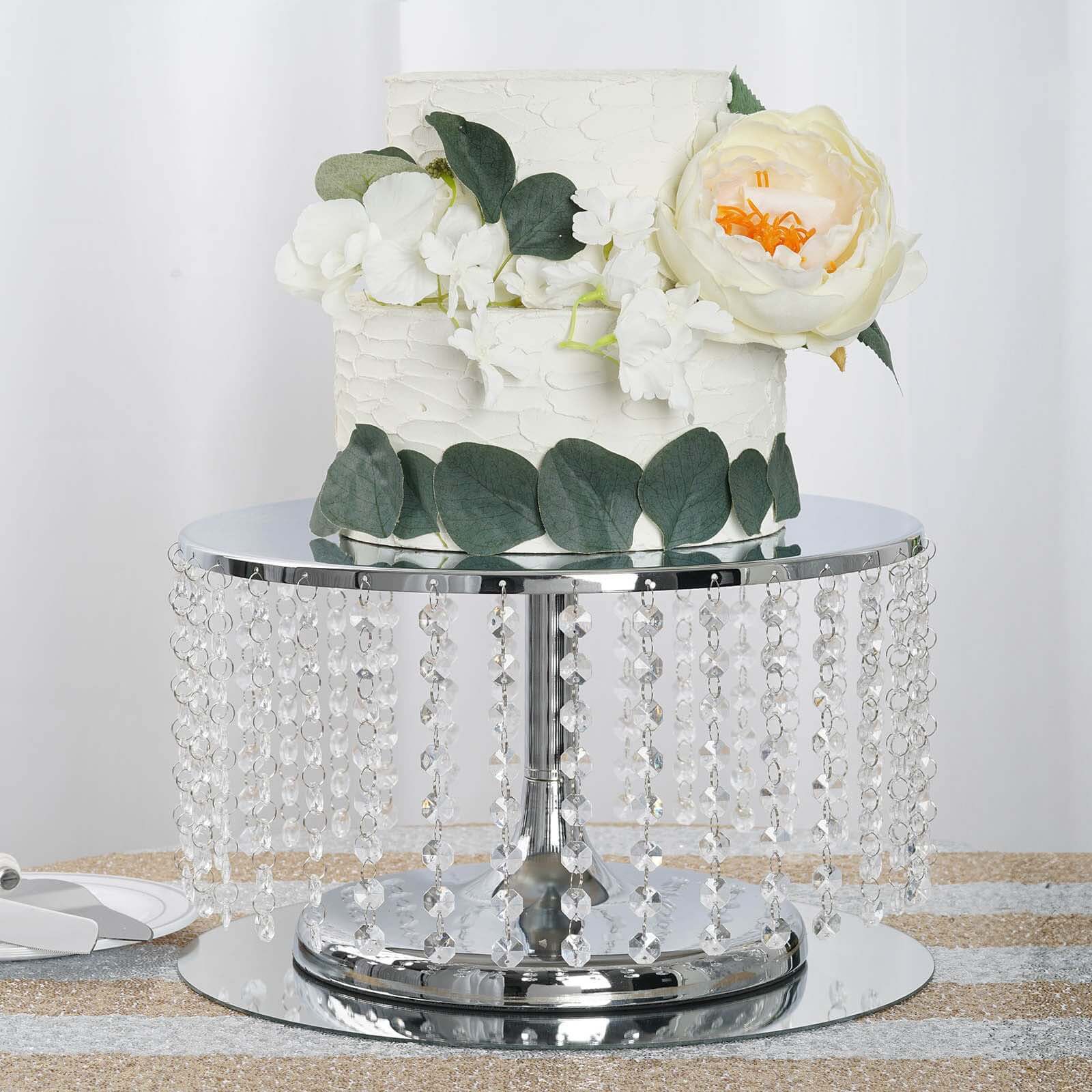 Metal Cake Stand Round Design Metallic Silver with Crystal Chains 14" Dia - Cupcake Dessert Pedestal 8" Tall