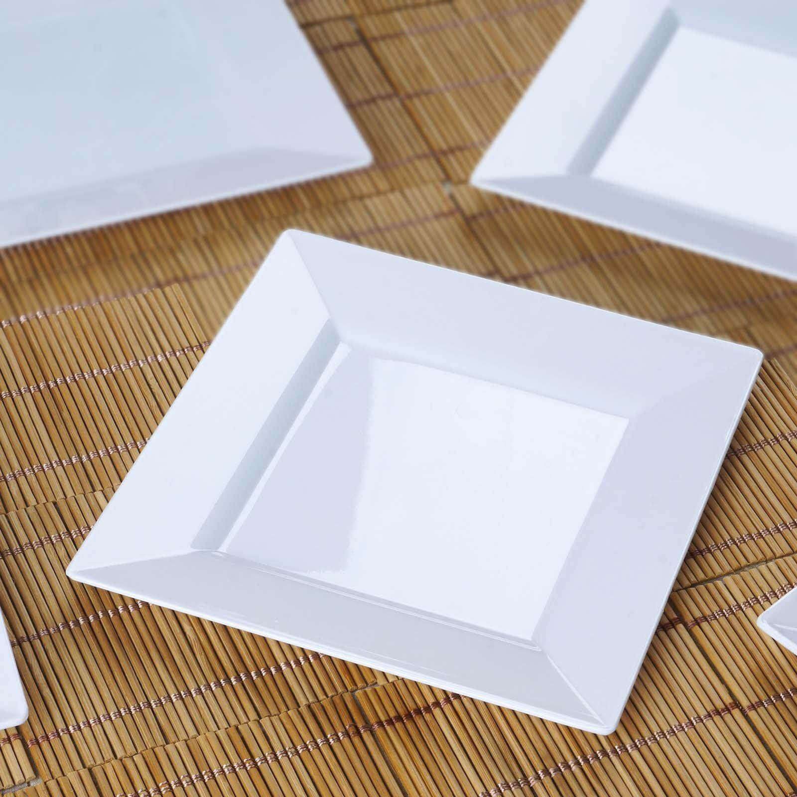 10-Pack Dessert Plates Square Design with Wide Rim Glossy White - Plastic Disposable Plates for Events 6"