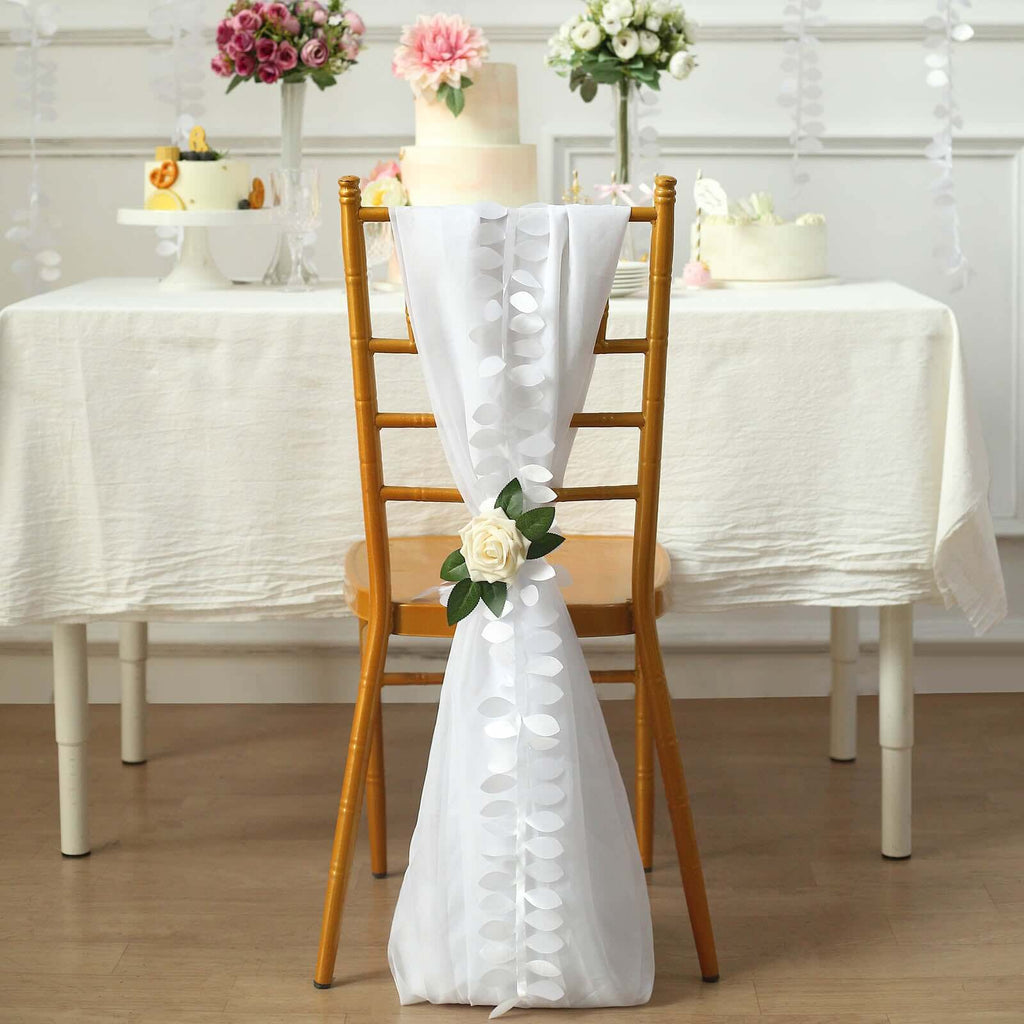 Taffeta Ribbon Sash with 4" Leaf Petal Design White 50ft - Sophisticated Artificial Fabric Garland for Events