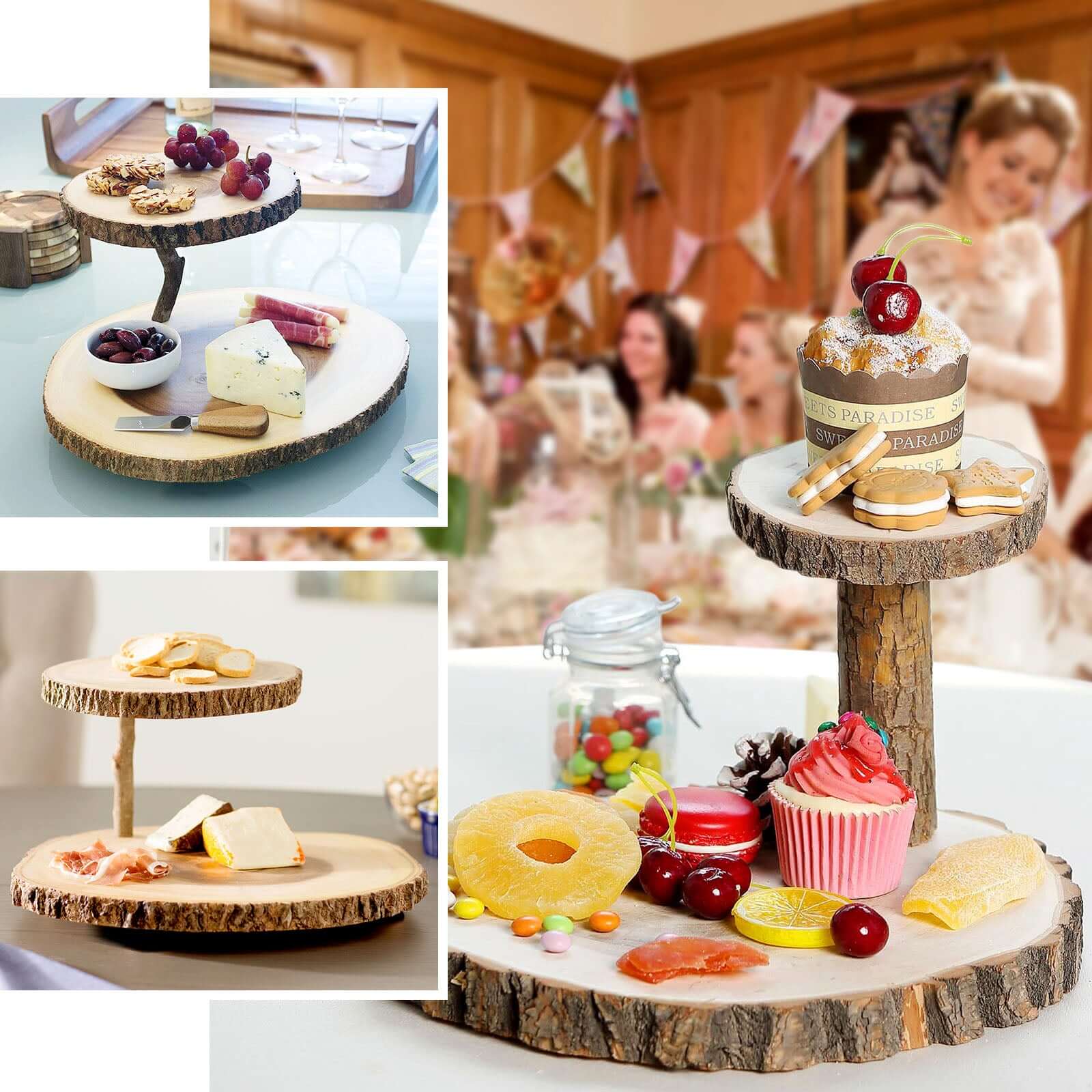 2-Tier Wooden Cheese Board Stand Elm Wood Slice Design Natural - Rustic Cupcake Centerpiece 8"