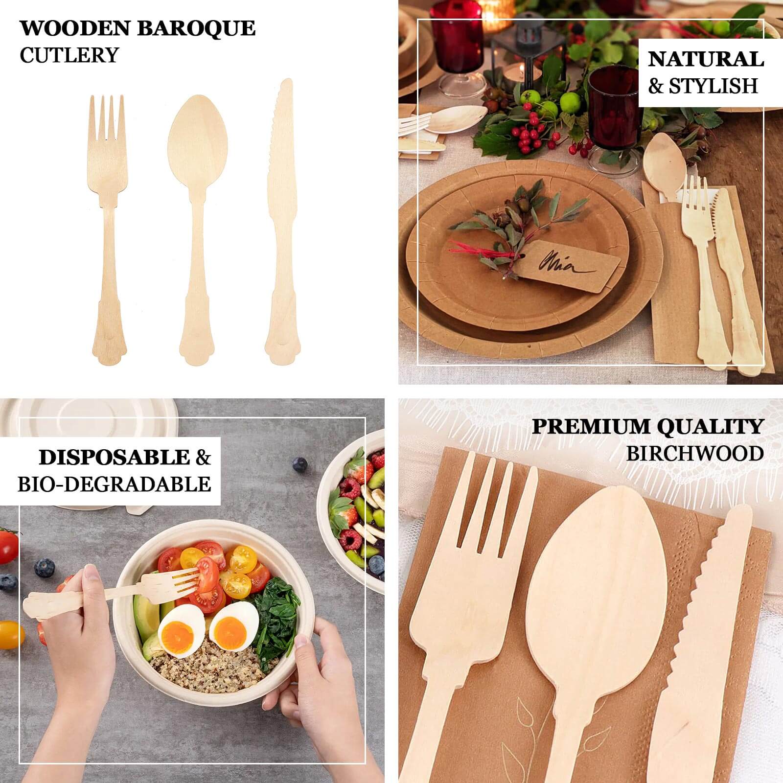 24-Pack Birchwood Forks Natural Vintage Baroque Design - Eco Friendly Biodegradable Wooden Utensils for Rustic Themes & Outdoor Parties 7.5"