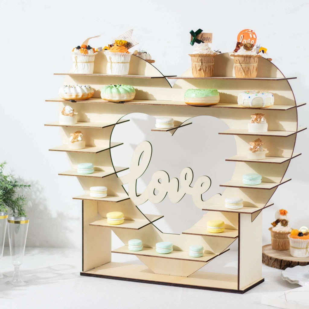 8-Layer Wooden Dessert Display Stand Heart Shaped Double Sided Design Natural - "Love" Cupcake Shelf Table Rack 26"