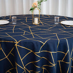 Polyester 120" Round Tablecloth Navy Blue with Gold Foil Geometric Pattern Wrinkle-Resistant Seamless Table Cover