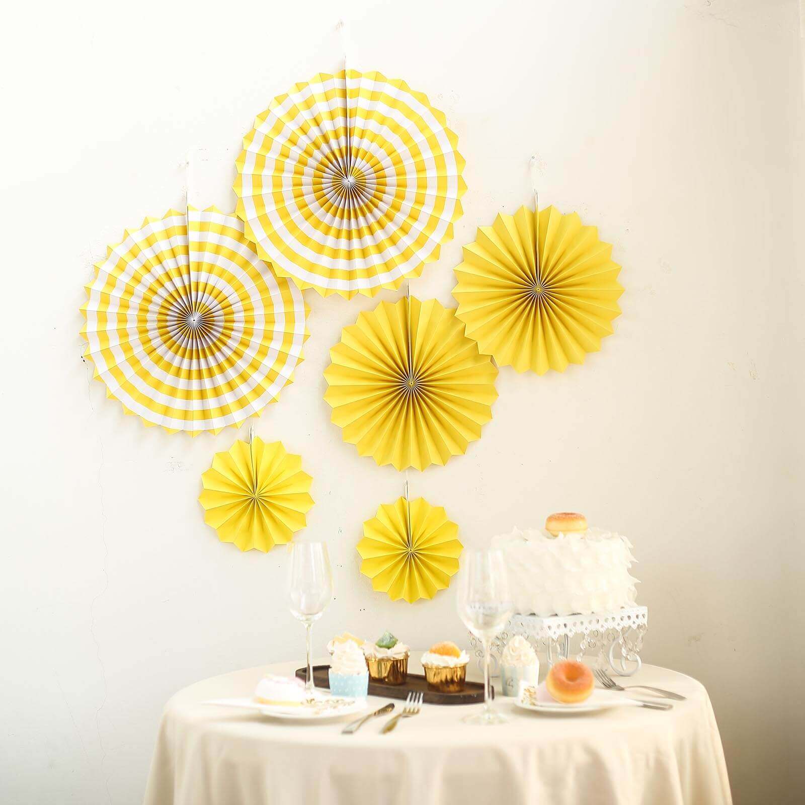 Set of 6 Yellow Hanging Paper Fan Decorations, Pinwheel Wall Backdrop Party Kit - 8", 12", 16"
