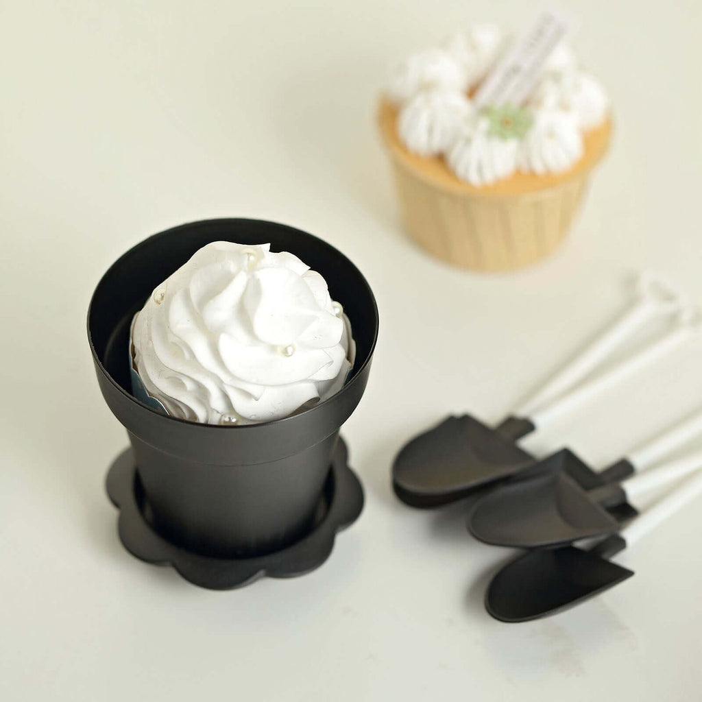 12-Pack Dessert Cups Succulent Planter Design Black - Plastic Serving Cups with Lids and Shovels 4"
