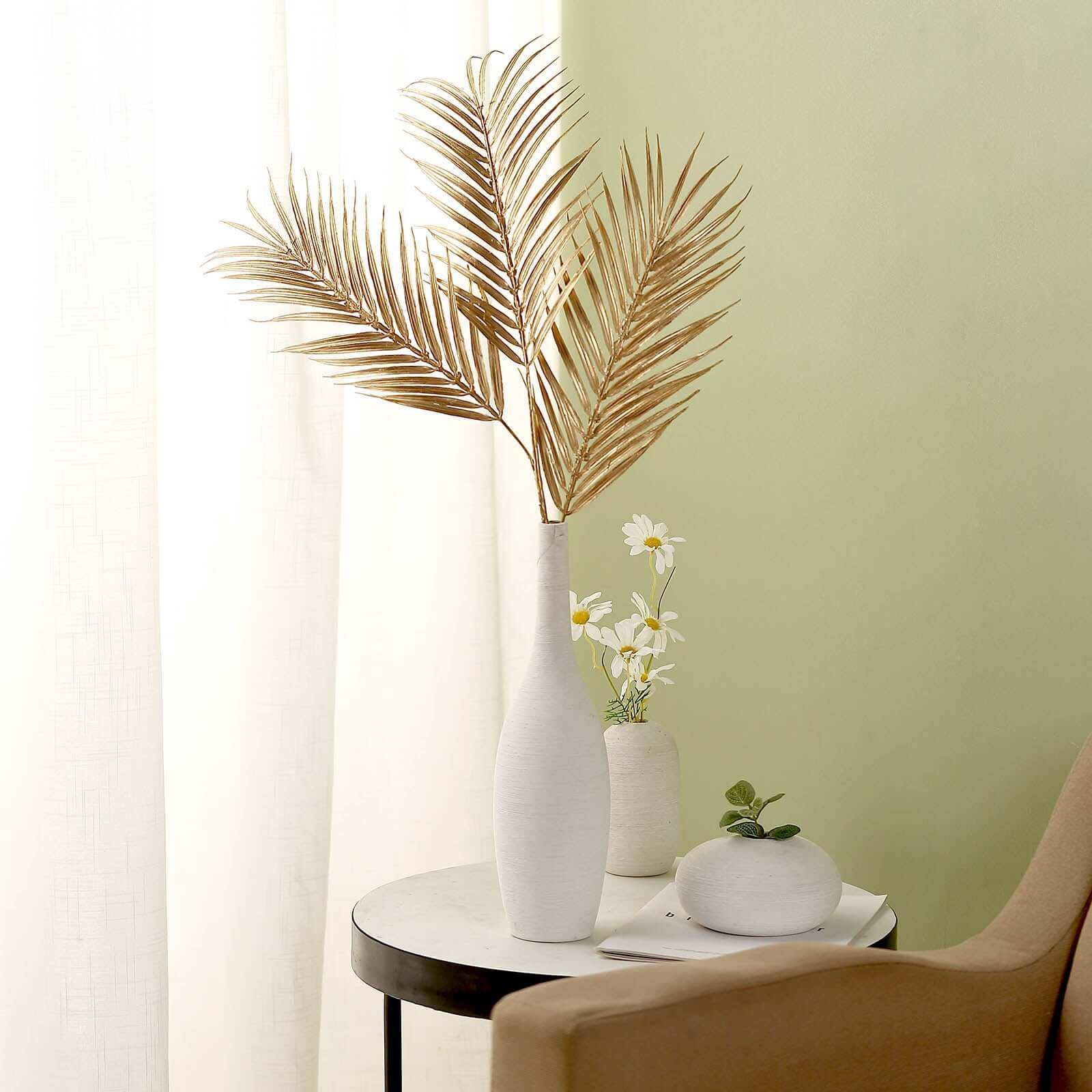 2 Stems Artificial Palm Leaf Branch Metallic Gold - Tropical Faux Stems Vase Filler Floral Backdrop Table Decor 32"