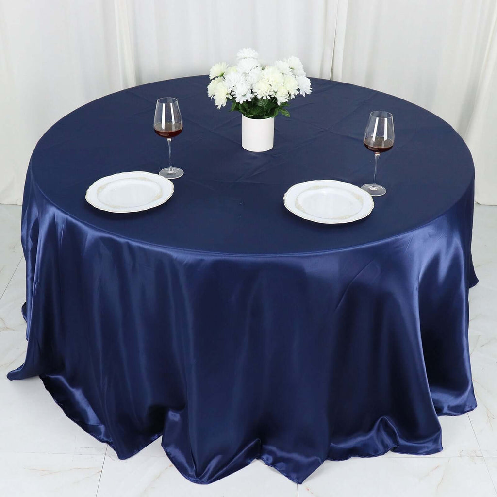 Satin 132" Round Tablecloth Navy Blue - Stylish Seamless Table Cover