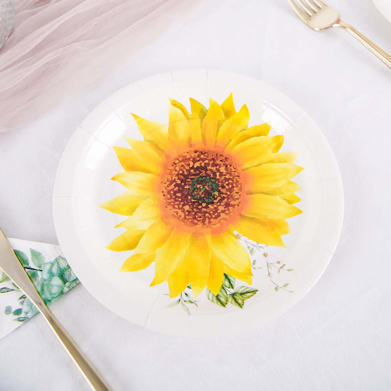25-Pack Paper 7" Round Dessert Plates White with Sunflower Design - Disposable Salad Plates for Rustic Events & Garden Themes