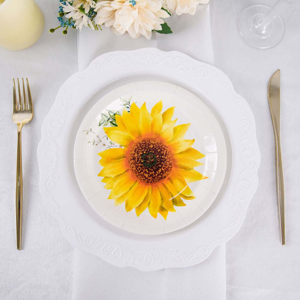 25-Pack Paper 7" Round Dessert Plates White with Sunflower Design - Disposable Salad Plates for Rustic Events & Garden Themes