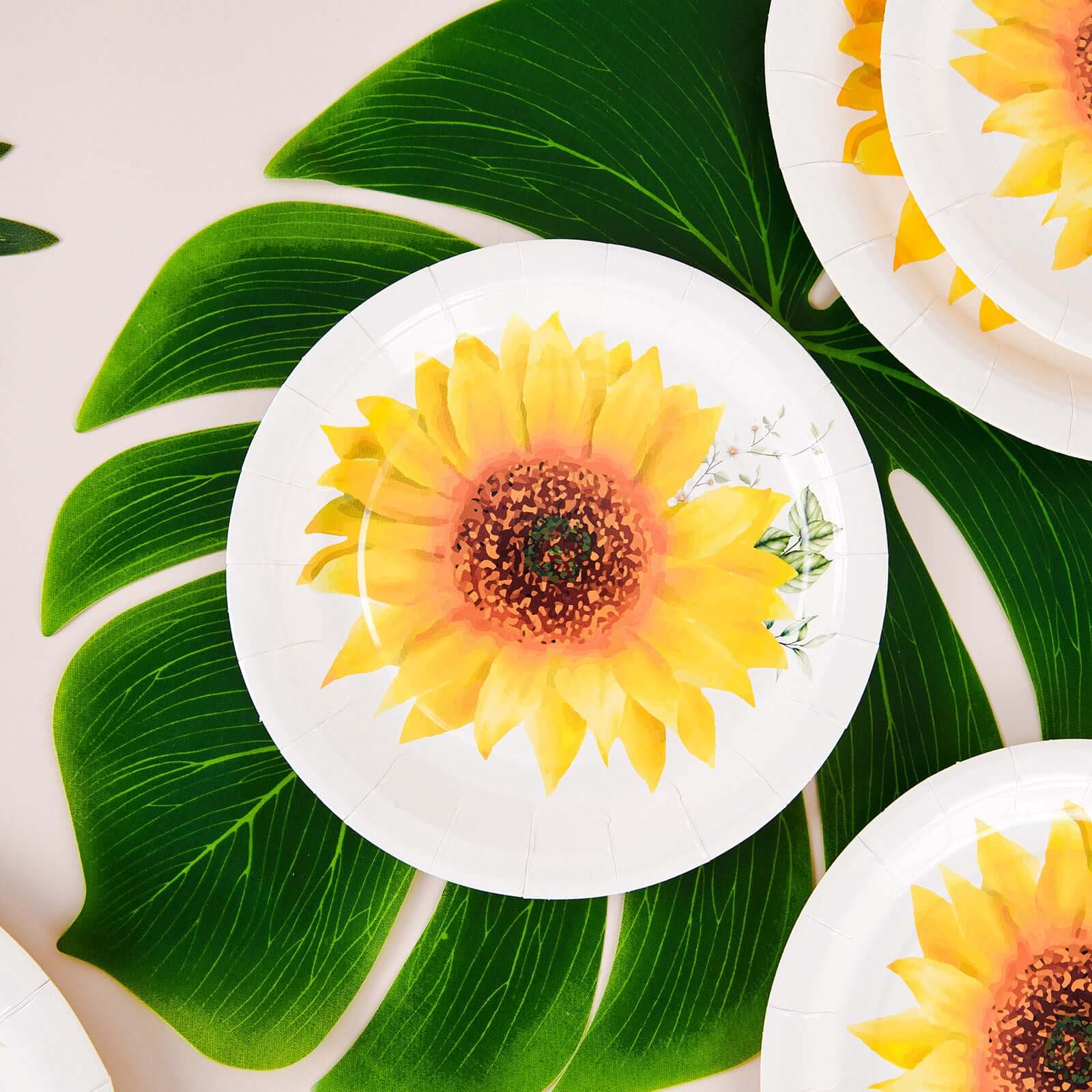 25-Pack Paper 7" Round Dessert Plates White with Sunflower Design - Disposable Salad Plates for Rustic Events & Garden Themes