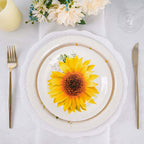 25-Pack Paper 7" Round Dessert Plates White with Sunflower Design - Disposable Salad Plates for Rustic Events & Garden Themes