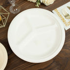 50-Pack Bagasse 10" Round Dinner Plates in White with 3-Compartments - Eco Friendly Biodegradable Sugarcane Divided Plates for Food Trucks Catering & Events
