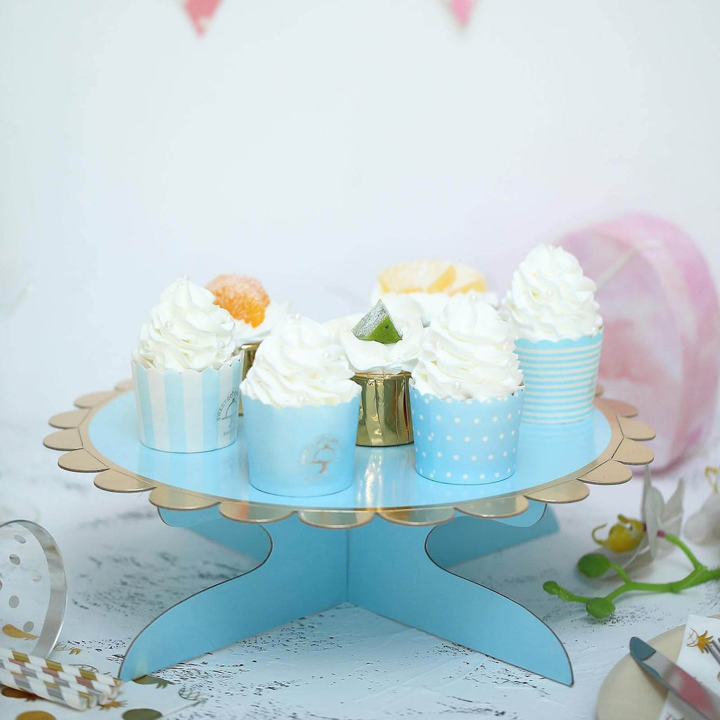1-Tier Cardboard Cake Stand Light Blue - Stylish Reusable Cupcake Dessert Holder with Gold Scalloped Rim for Baby Showers Birthdays & Events 13"