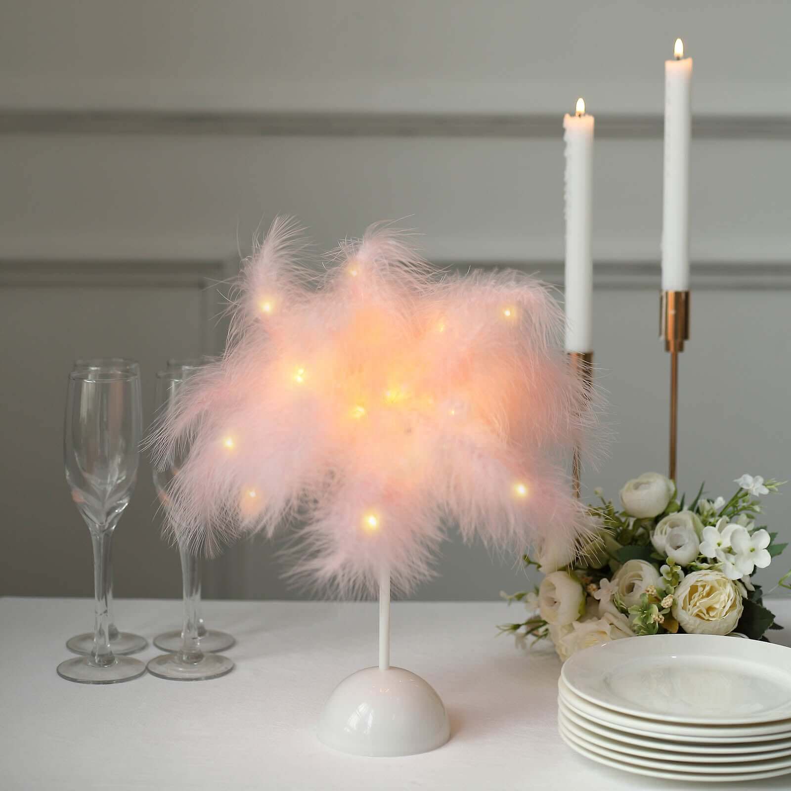 Table Lamp Feather Design Blush LED Battery Operated - Cordless Wedding Centerpiece 15" - Bell Racket Store