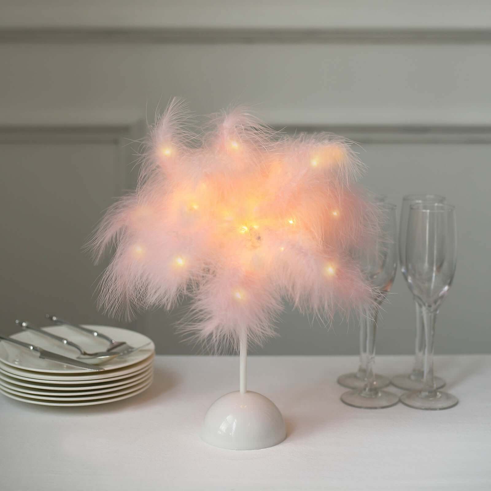 Table Lamp Feather Design Blush LED Battery Operated - Cordless Wedding Centerpiece 15" - Bell Racket Store