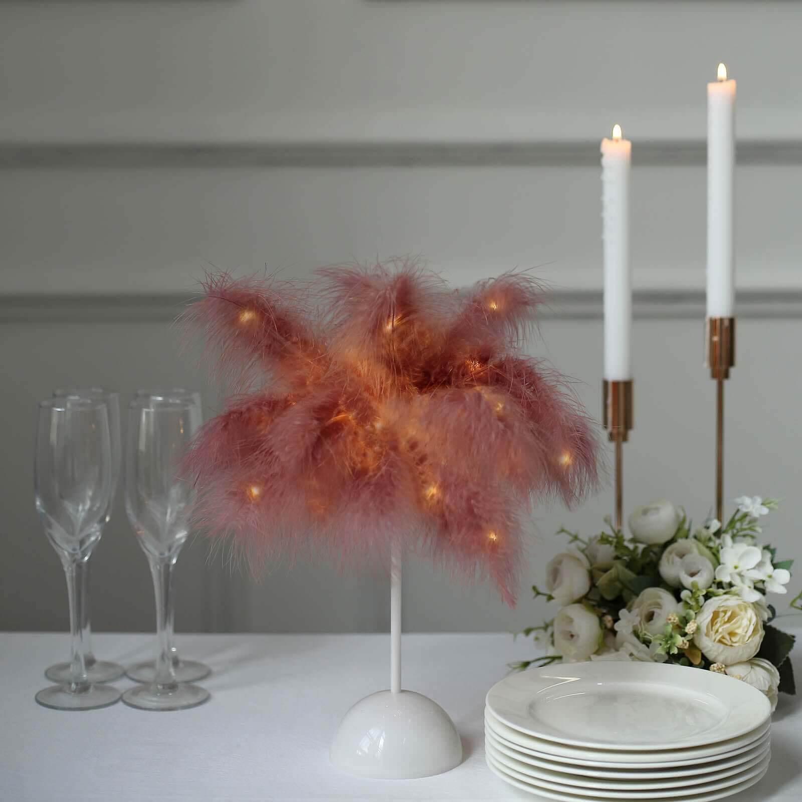 Table Lamp Feather Design Cinnamon Rose LED Battery Operated - Cordless Wedding Centerpiece 15" - Bell Racket Store
