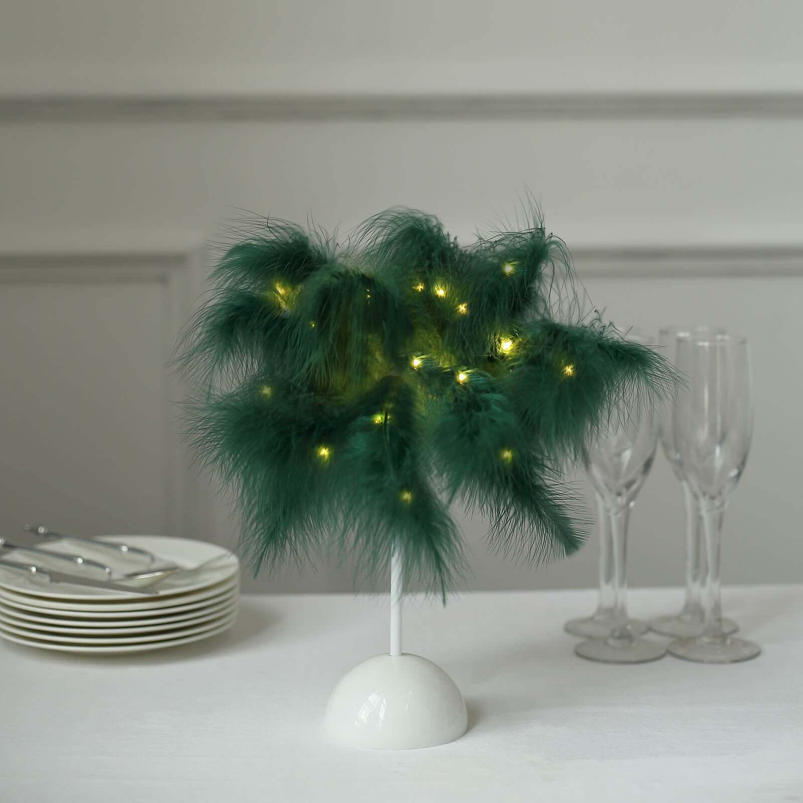 Table Lamp Feather Design Hunter Emerald Green LED Battery Operated - Cordless Wedding Centerpiece 15" - Bell Racket Store