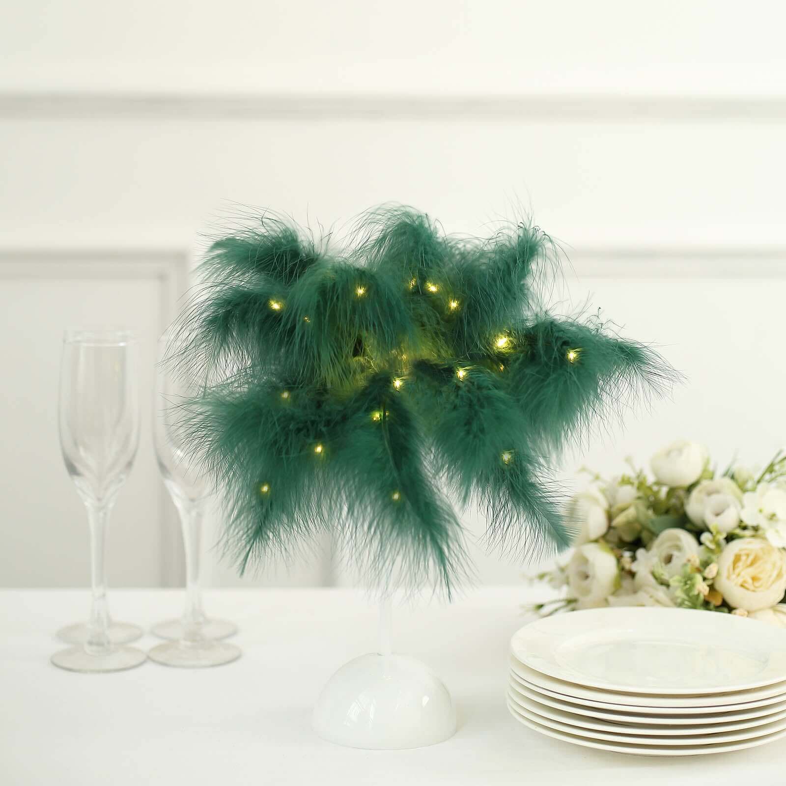 Table Lamp Feather Design Hunter Emerald Green LED Battery Operated - Cordless Wedding Centerpiece 15" - Bell Racket Store