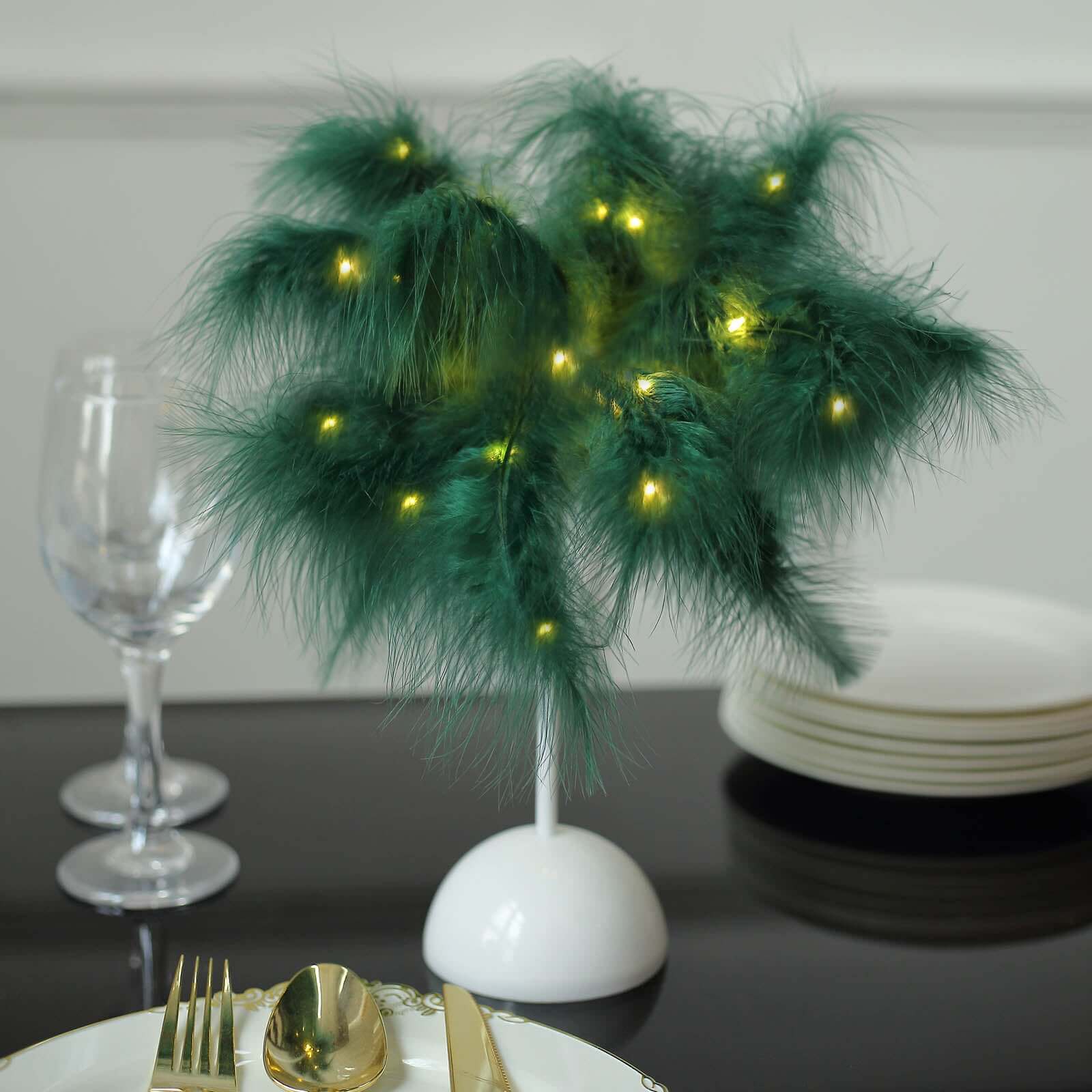 Table Lamp Feather Design Hunter Emerald Green LED Battery Operated - Cordless Wedding Centerpiece 15" - Bell Racket Store
