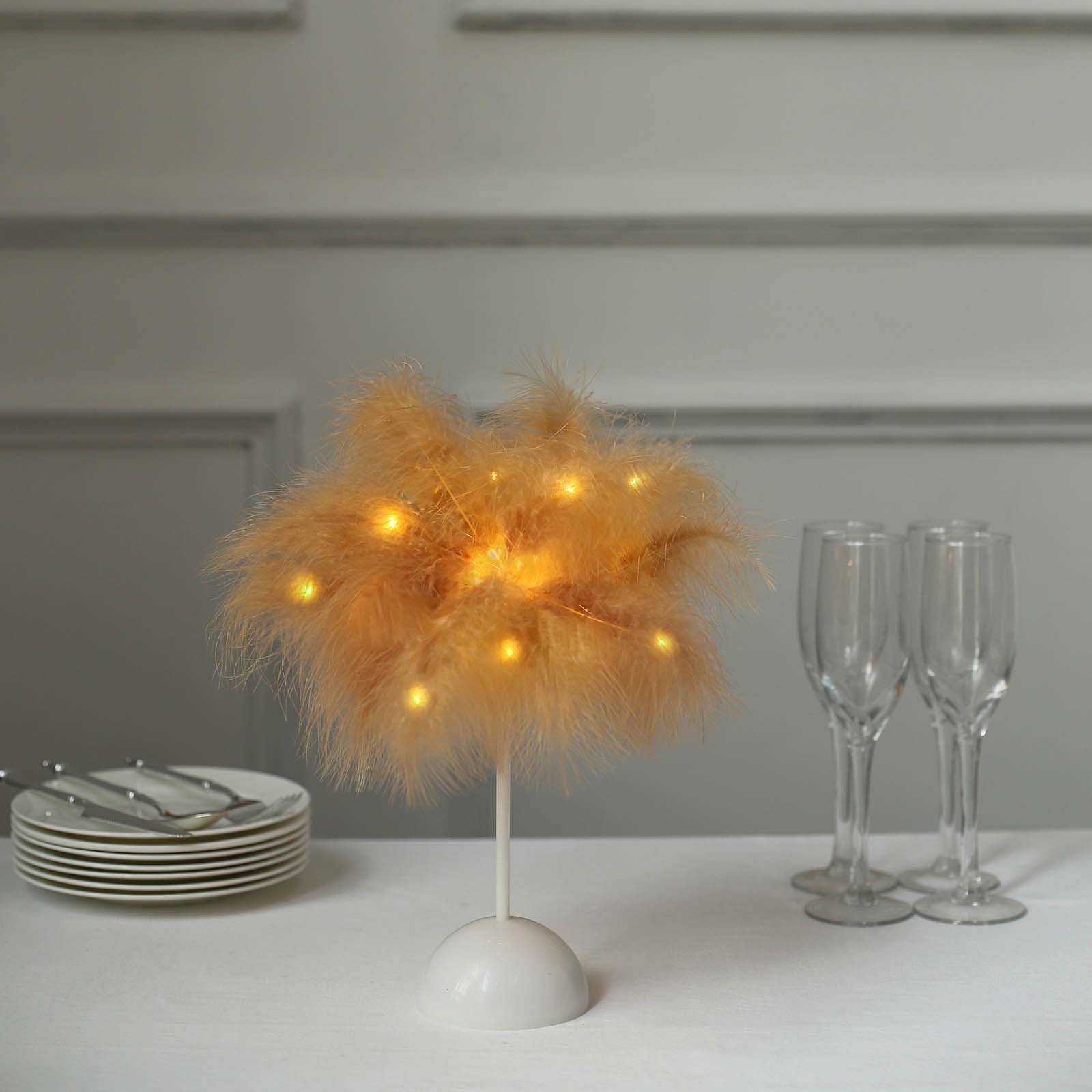 Table Lamp Feather Design Natural LED Battery Operated - Cordless Wedding Centerpiece 15" - Bell Racket Store
