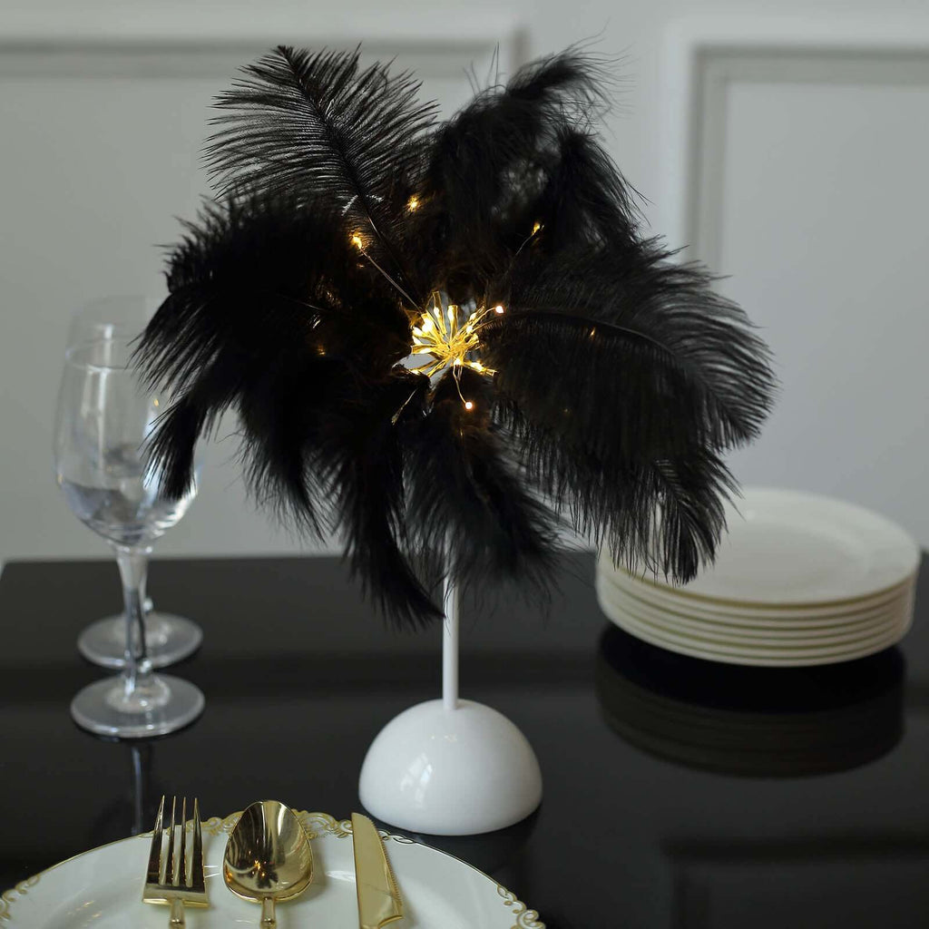 Table Lamp Ostrich Feather Design Black LED Battery Operated - Cordless Wedding Centerpiece 15" - Bell Racket Store