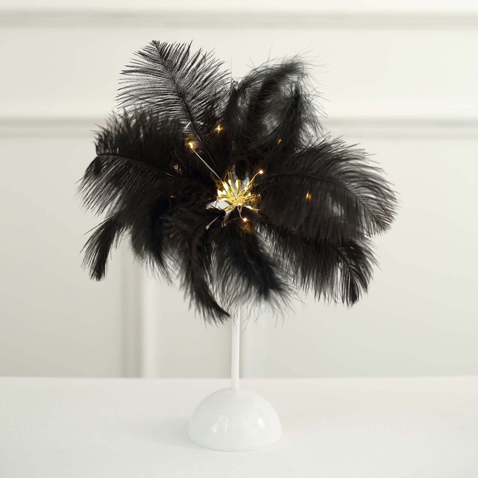 Table Lamp Ostrich Feather Design Black LED Battery Operated - Cordless Wedding Centerpiece 15" - Bell Racket Store