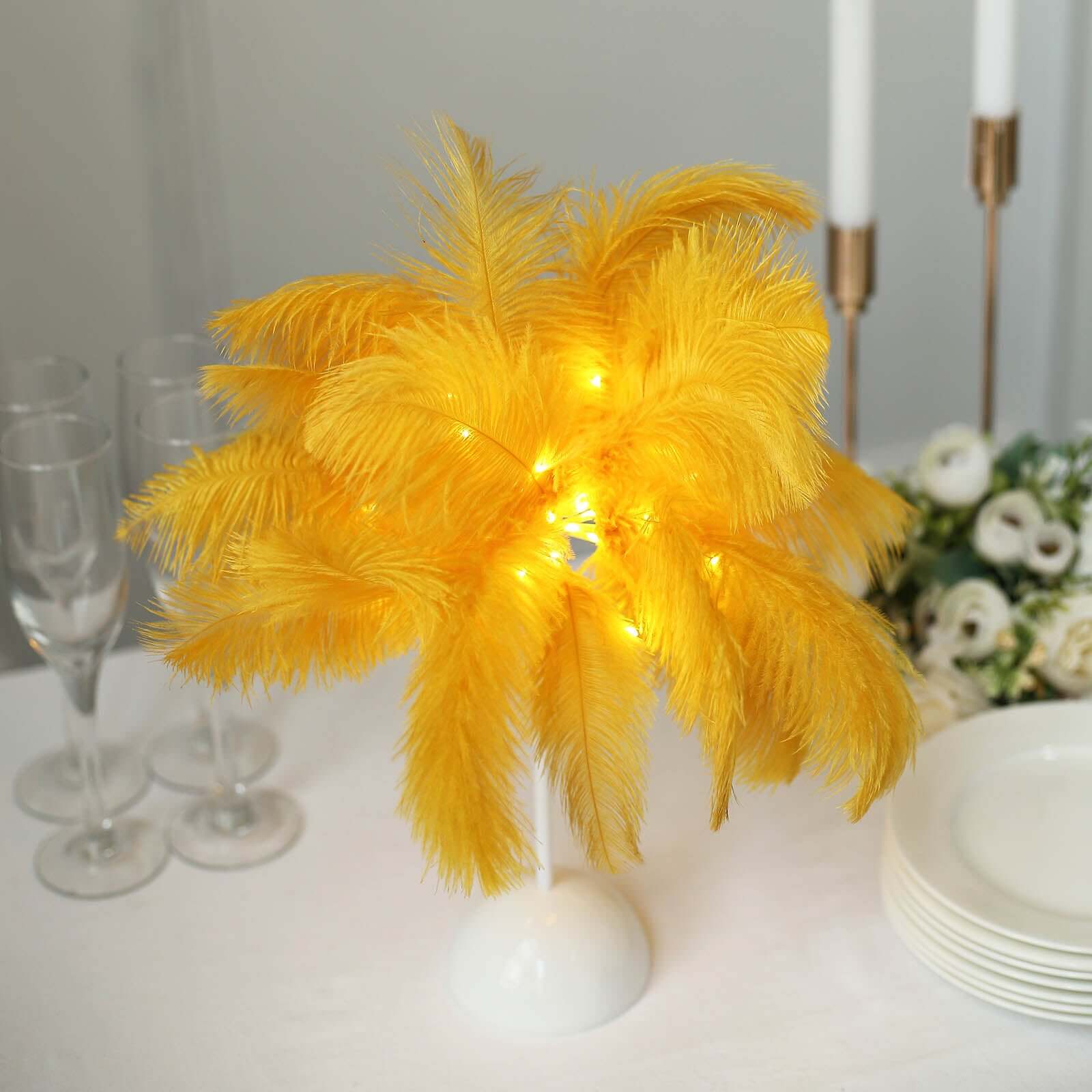 Table Lamp Ostrich Feather Design Gold LED Battery Operated - Cordless Wedding Centerpiece 15" - Bell Racket Store