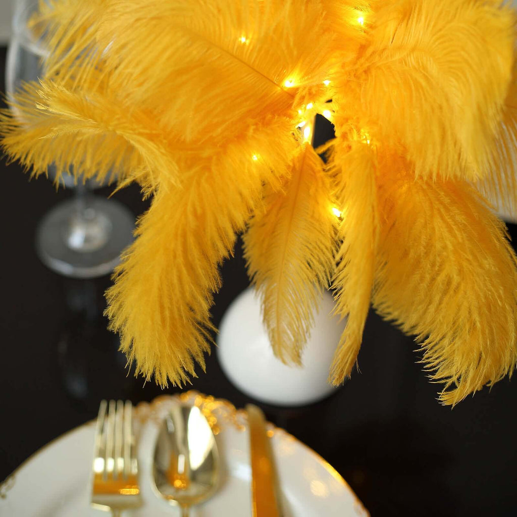Table Lamp Ostrich Feather Design Gold LED Battery Operated - Cordless Wedding Centerpiece 15" - Bell Racket Store