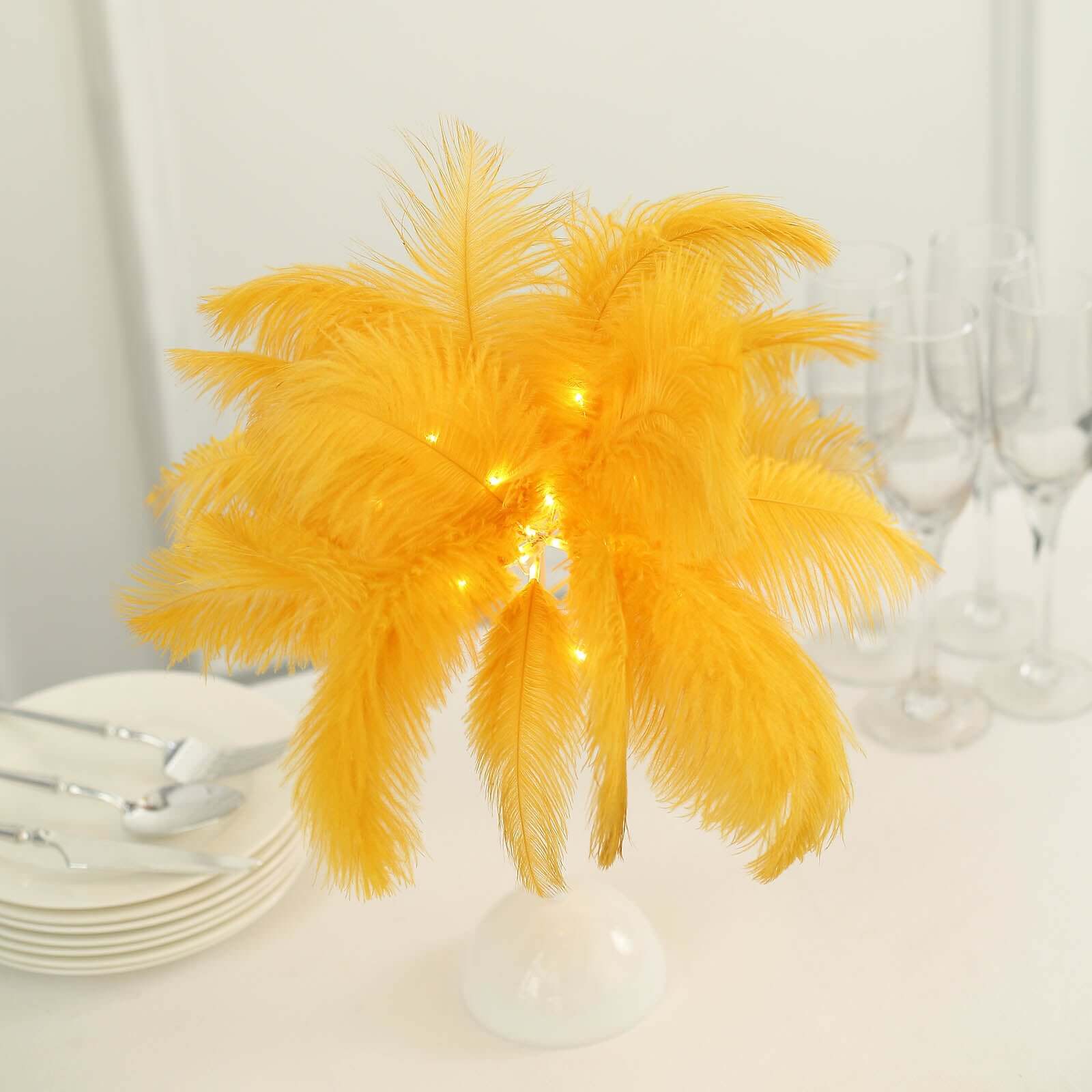 Table Lamp Ostrich Feather Design Gold LED Battery Operated - Cordless Wedding Centerpiece 15" - Bell Racket Store