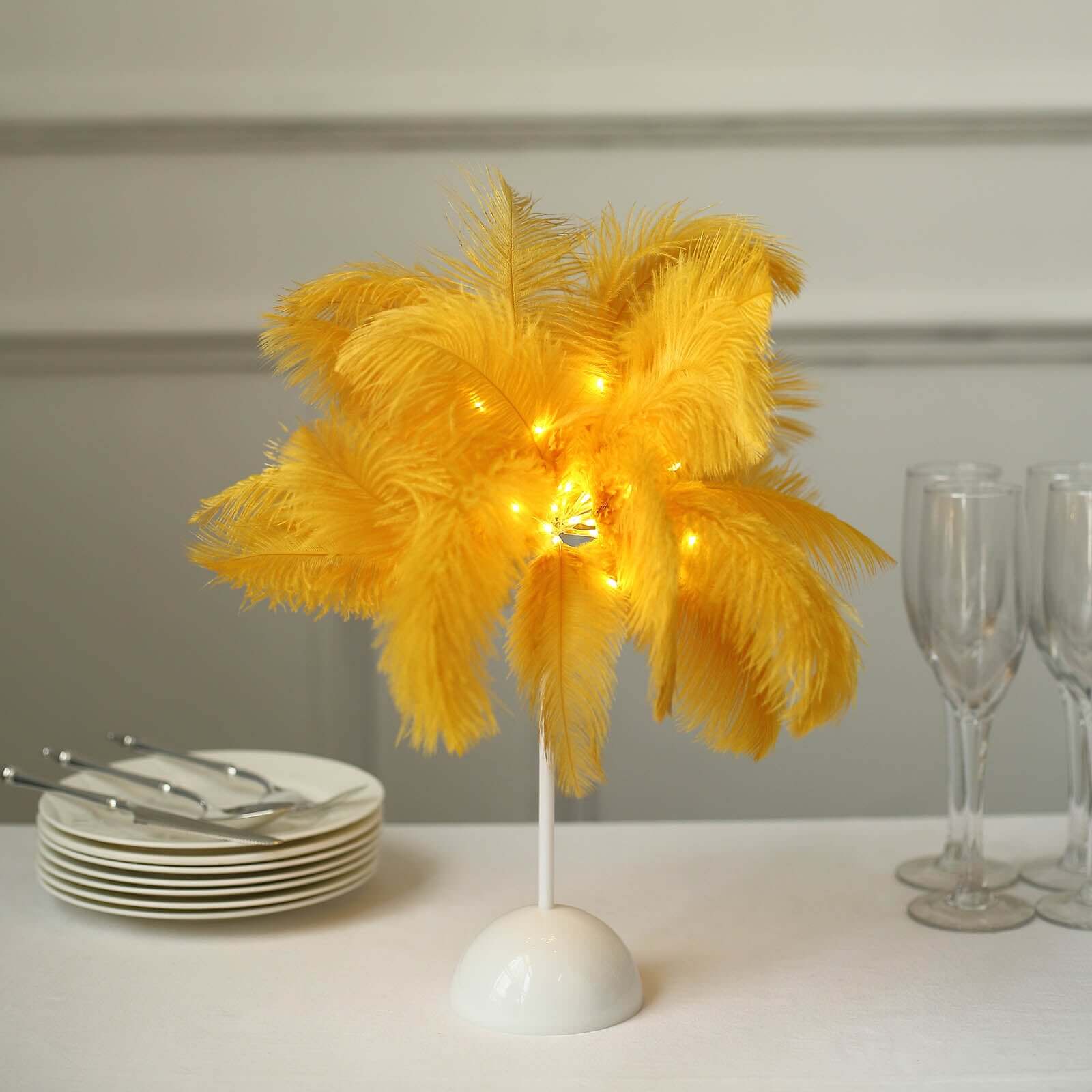 Table Lamp Ostrich Feather Design Gold LED Battery Operated - Cordless Wedding Centerpiece 15" - Bell Racket Store