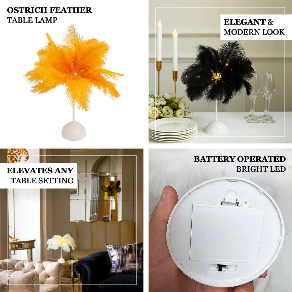 Table Lamp Ostrich Feather Design Gold LED Battery Operated - Cordless Wedding Centerpiece 15" - Bell Racket Store