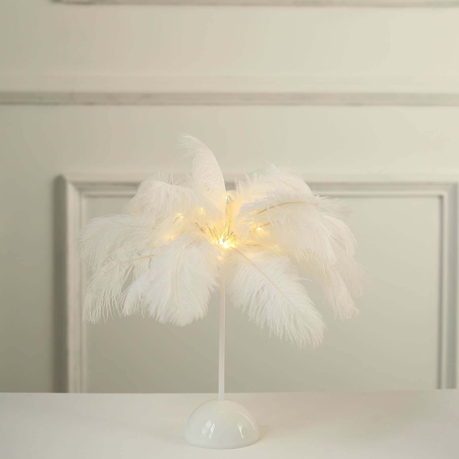 Table Lamp Ostrich Feather Design White LED Battery Operated - Cordless Wedding Centerpiece 15" - Bell Racket Store