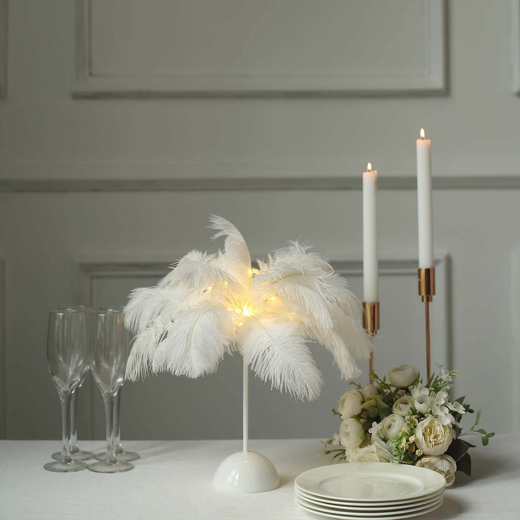 Table Lamp Ostrich Feather Design White LED Battery Operated - Cordless Wedding Centerpiece 15" - Bell Racket Store