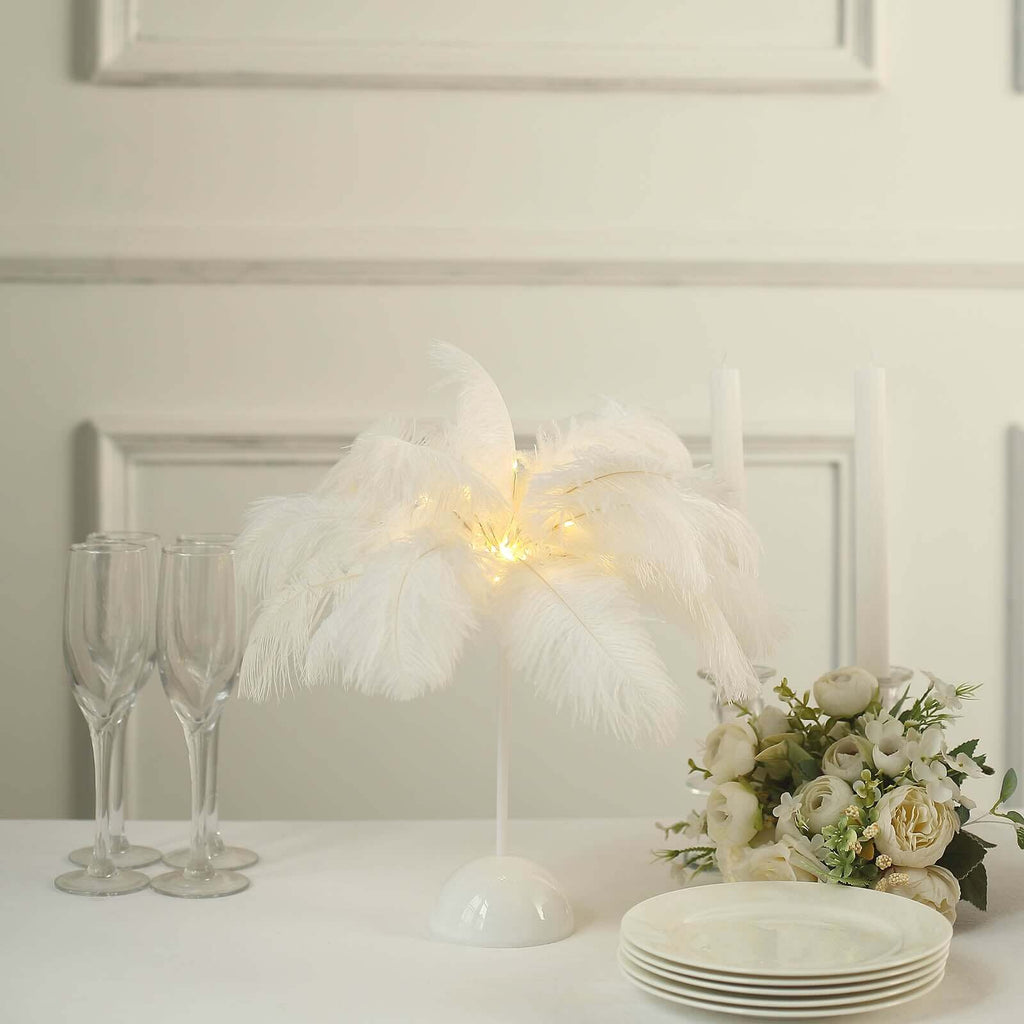 Table Lamp Ostrich Feather Design White LED Battery Operated - Cordless Wedding Centerpiece 15" - Bell Racket Store