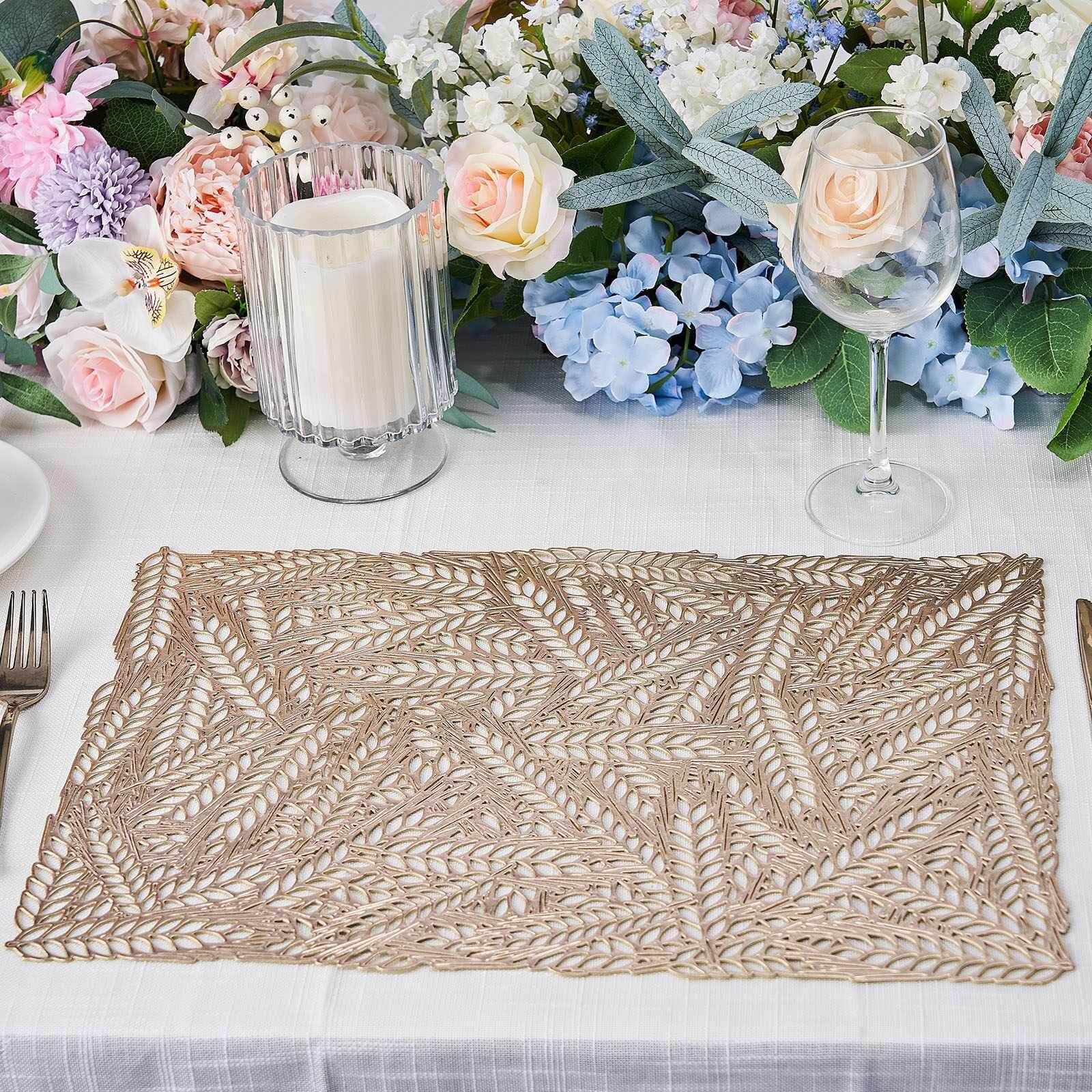 6-Pack Table Mats Wheat Design Gold - Vinyl Rectangle Non-Slip Surface for Stylish Settings 12"x18"