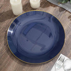 10-Pack Plastic 10" Round Dinner Plates in Navy Blue with Gold Rim - Glossy Disposable Party Plates