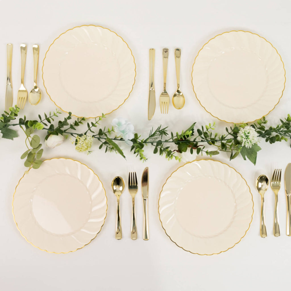 10-Pack Plastic 10" Round Dinner Plates in Ivory with Gold Flair Rim - Disposable Party Plates