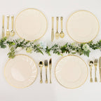 10-Pack Plastic 10" Round Dinner Plates in Ivory with Gold Flair Rim - Disposable Party Plates