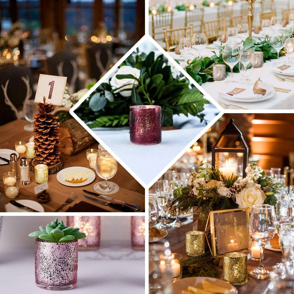 6-Pack Mercury Glass Candle Holders Gold Palm Leaf Design - Votive Tealight Holders for Events