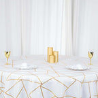 Polyester 120" Round Tablecloth White with Gold Foil Geometric Pattern Wrinkle-Resistant Modern Seamless Table Cover