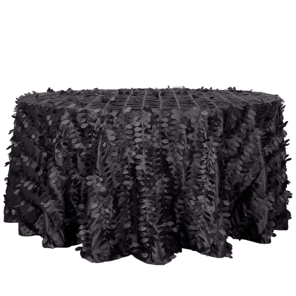 Taffeta 120" Round Tablecloth Black | 3D Leaf Petal Design Seamless Table Cover