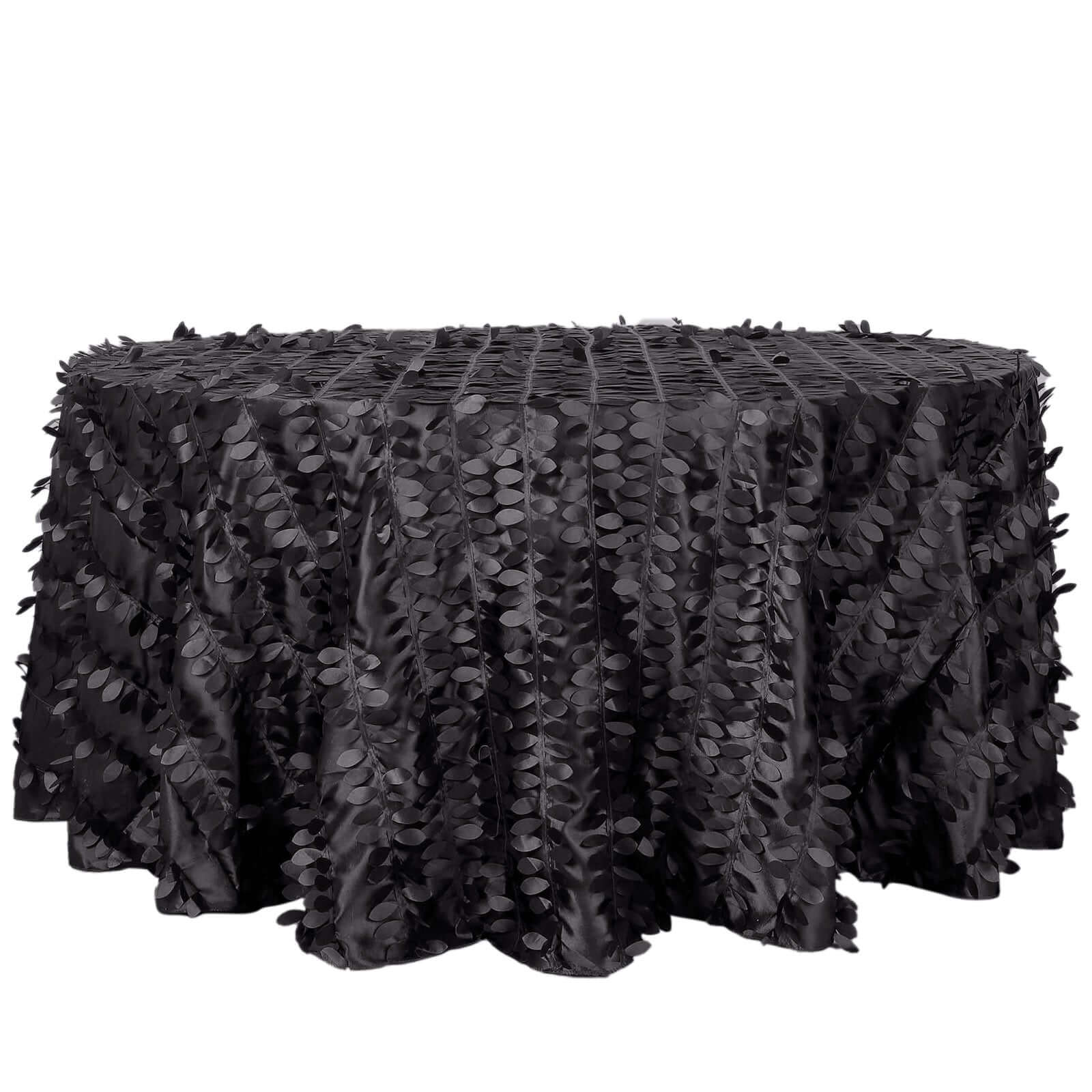 Taffeta 120" Round Tablecloth Black | 3D Leaf Petal Design Seamless Table Cover
