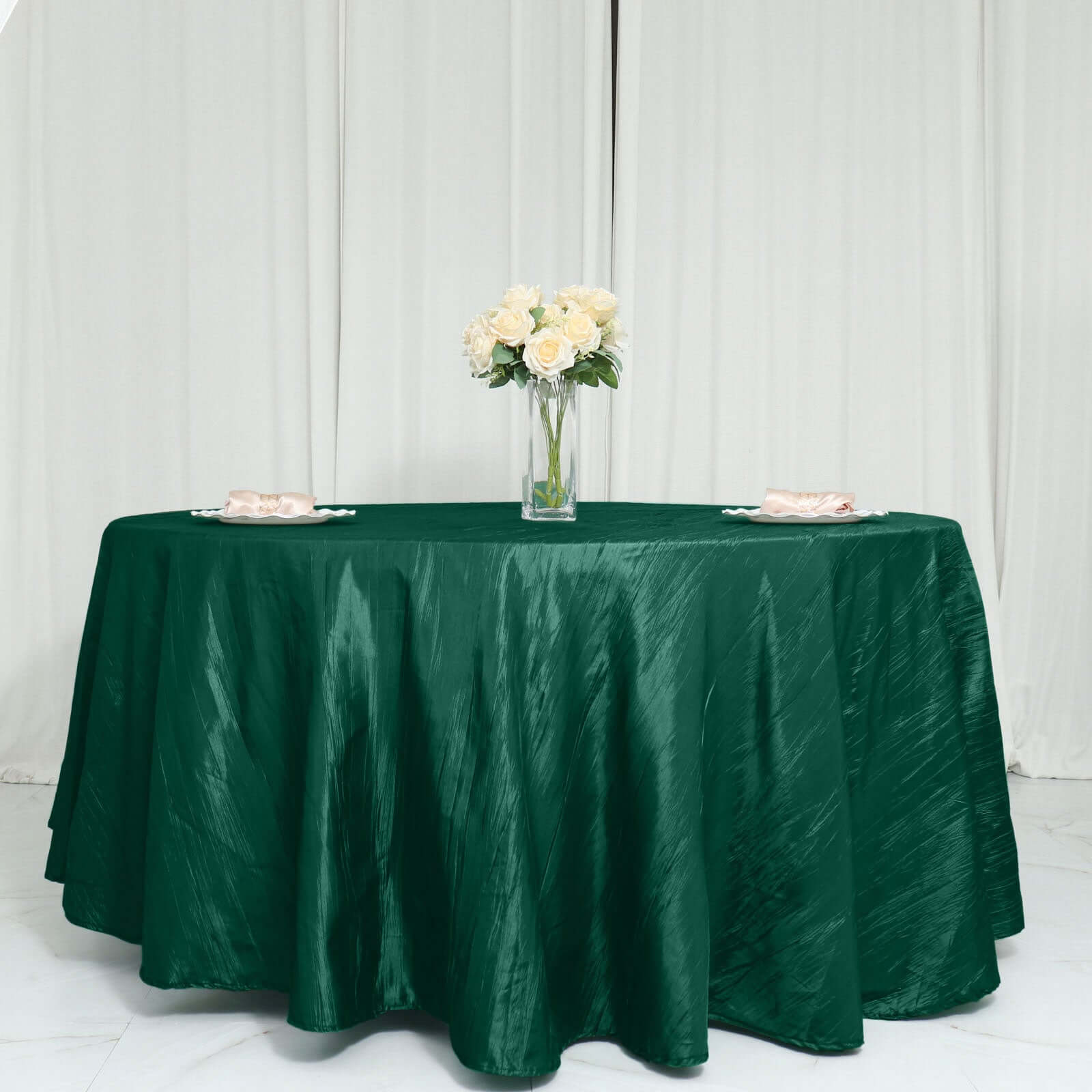 Taffeta 120" Round Tablecloth Hunter Emerald Green - Seamless Accordion Crinkle Table Cover - Bell Racket Store