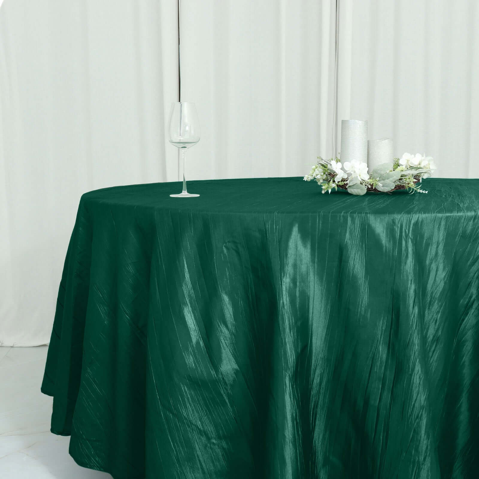 Taffeta 120" Round Tablecloth Hunter Emerald Green - Seamless Accordion Crinkle Table Cover - Bell Racket Store